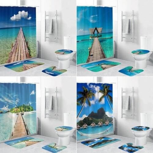 3D Beach Scenery Bathroom Curtain Set Ocean Kobashi Patio Fabric Shower Curtains Anti-skid Rugs Toilet Lid Cover Bath Mat Sets