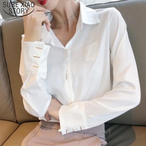 Plus Size Fashion Elegant Work Shirt Korean Autumn Tops Blouse Satin Blouse White Pink Women Shirts Vintage Blouses 5417 50