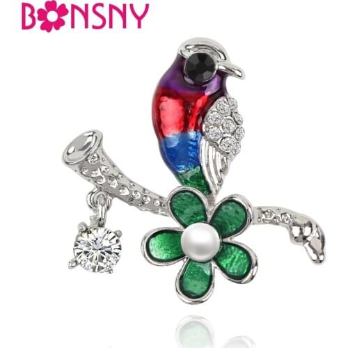 Bonsny Alloy Enamel Floral Bird Flower Brooch Rhinestone Pearl Pin For Women Lady Teen Clothes Scarf Decoration Novelty Jewelry