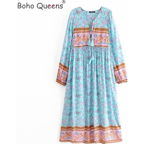 Boho Queens women elegant lace-up tassel floral print beach Bohemian Midi dress Ladies rayon Boho dress vestidos