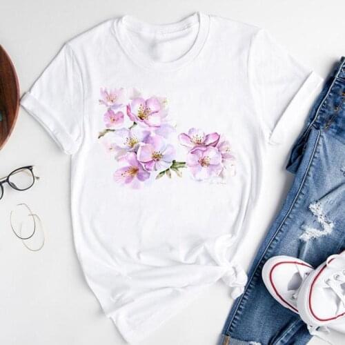Women Graphic Cartoon Floral Flower Travel Holiday Short Sleeve Summer Fashion Print Female Clothes Tops Tees Tshirt T-Shirt