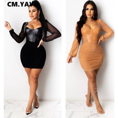 CM.YAYA Women Autumn Stacked Mesh PU Patchwork Bodycon Midi Maxi Dress Sexy Club Party Long Sleeve Off Shoulder Dresses