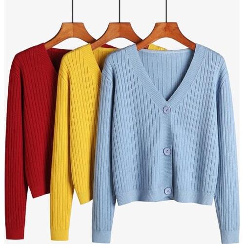 2020 Spring Autumn Knitted Sweater Women Cardigan Coat Korean V-neck Long sleeve Solid Shawl Short Sweater Knit Tops Women G265