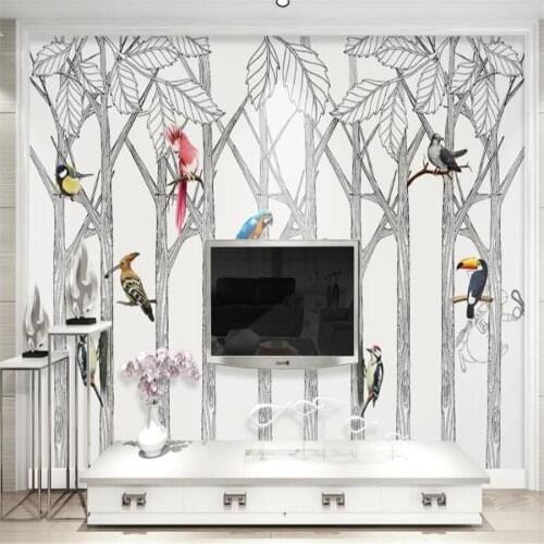 Milofi custom 3D wallpaper mural Nordic hand-painted black and white trees and birds TV background wall high-end decorative pain