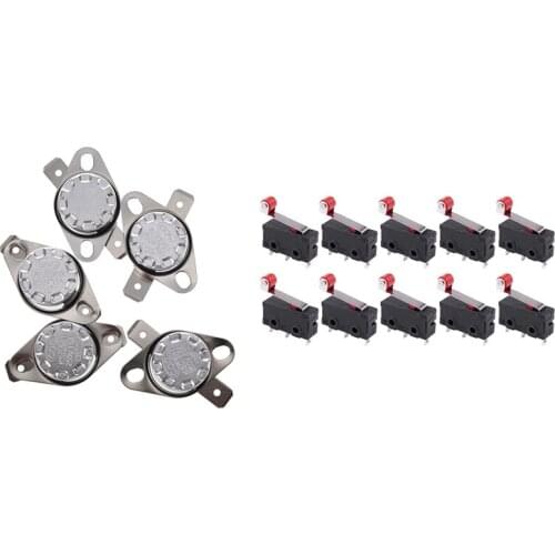 5Pcs KSD301 250V 10A Thermostat Temperature Control Switch with 10Pcs Micro-Roller Lever Arm Open Close Limit Switch
