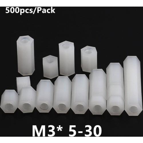 500pcs M3 Hexagon Nylon Standoff Spacer M3x5/6/8/10/12/15/18/20/22/25mm nylon flat hex spacer for PCB Board pillar