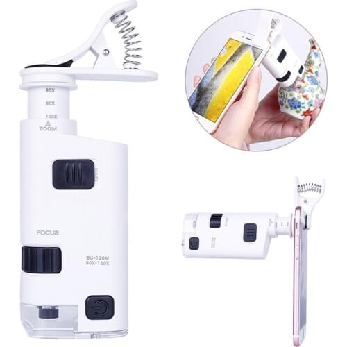 80-120X Zoom Handheld Microscope LED Light Jewelry Magnifier Lens Loupe Mini Pocket Magnifying Glass Mobile Phone Clip Magnifie