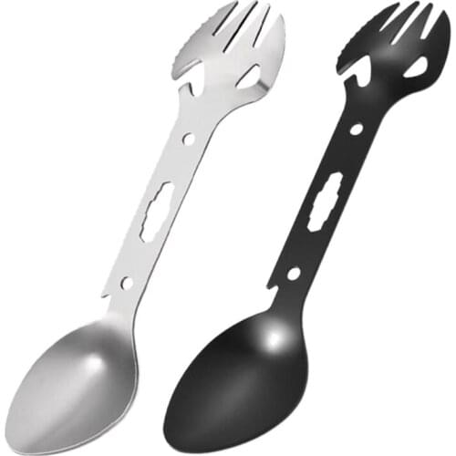 A5KC Multifunctional Stainless Steel Spork Fork Spoon Outdoor Mini Portable Spoon Fork Lightweight Useful Can Opener