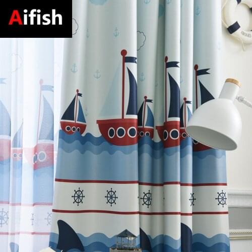 Aifish Cartoon Sailing Curtains Mediterranean Print Simple Tulle Fabric Screen Window Children Kids Bedroom Curtain W-ZH432-3