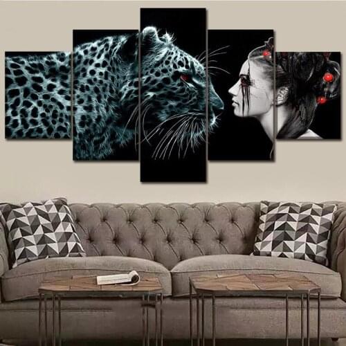 Diamond Painting Art Modular 5 Pieces Black leopard and beauty Pictures diamond embroidery square round mosaic home Decor BY869