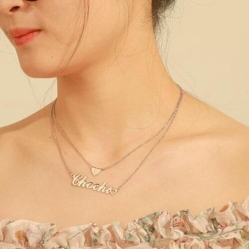 Stainless Steel Double Layered Chain Necklace Heart Name Nameplate Personalized Custom Necklaces Jewelry Gift for Women Girls