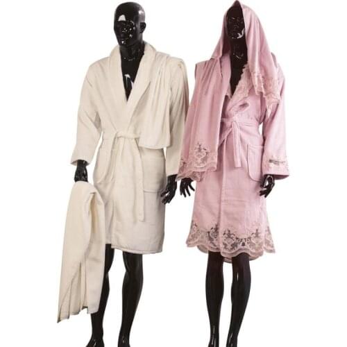 French Laced Cotton Family Bathrobe Set Elite 6 Piece Powder Cream