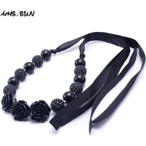 MHS.SUN 2PCS Ribbon Kids Chunky Beads Necklace With Black Flower Fashion Girls Child Bubblegum Necklace Party Favors Jewelry