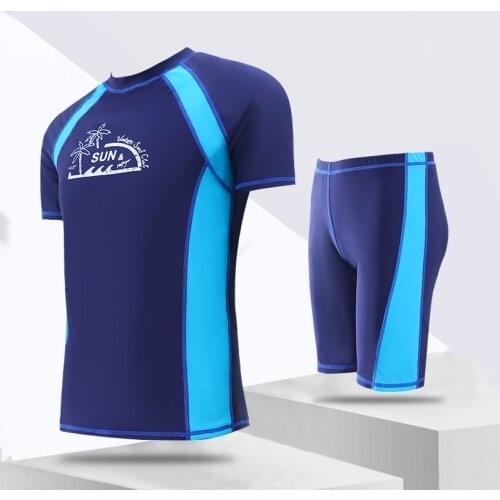 Mens Split Rash Guards Two-piece Sets Summer Sunscreen Short-Sleeved Printing Surfing Snorkeling Suit Warm Swimsuit Beachwear