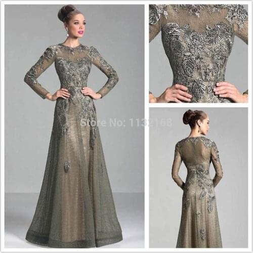 Inexpensive Sexy grey long sleeves floor length A-line lace mother of the bride dresses formal dresses wedding part dress