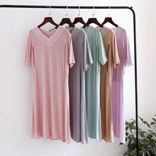 Modal Nursing Maternity Nightdress Short Sleeve V-neck Lace Pregnant Women Postpartum Nightgown Pregnancy Sleepwear Clothes