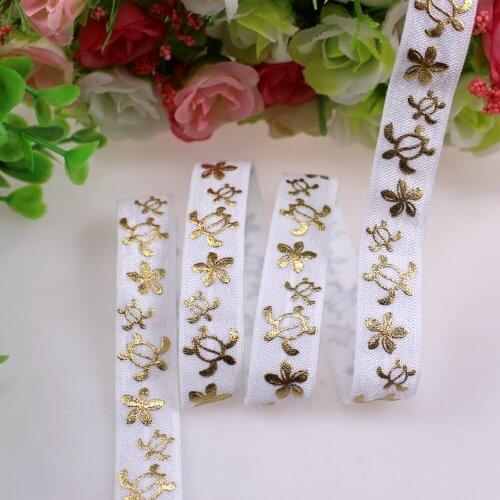 New come!! 5/8" gold foil Turtle printed fold over elastic #029 white, foe elastic for hair accessories, 100yards/lot