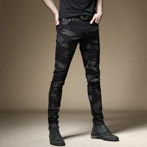 New European and American style mens male black jeans slim trend print pants hip-hop summer casual denim trousers