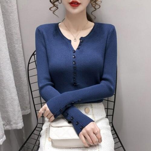 2020 Autumn New Korean Women Sweater Irregular Neck Buttons Long Sleeve Pullover Viscose Knitting Sliming Based Top Good Quality