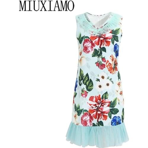 MIUXIMAO 2020 Summer Dress Newest Arrival Fashion Sleeveless Flower Diamonds Above Knee Tank Fishtail Dress Women Vestidos
