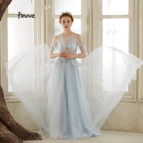 Finove New Evening Dresses Long 2019 Dreamy Light Blue With Beading Appliques Sexy Illusion A-Line Dress Formal Dresses Gowns