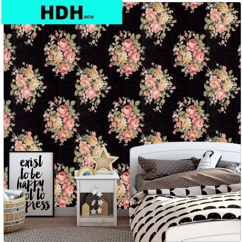 HDHome Floral Peel and Stick Wallpaper Black/Pink Flower Self Adhesive Removable Wallpapers Waterproof Easy to Use for Bedroom