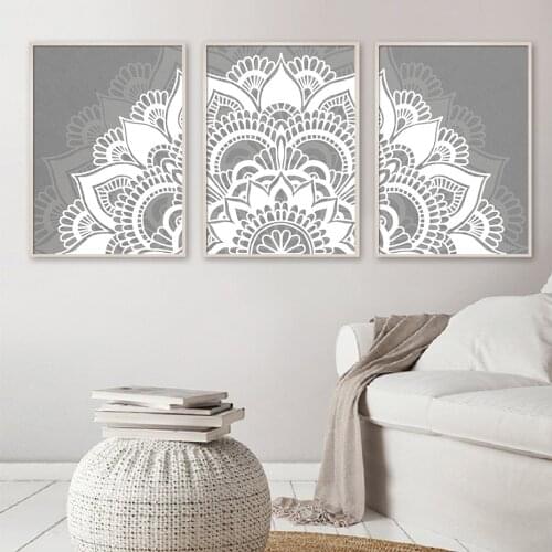 Grey Bohemia Wall Art Mindfulness Gift Mandala Prints Abstract Flower Pattern Canvas Poster White Yoga Picture Home Room Decor