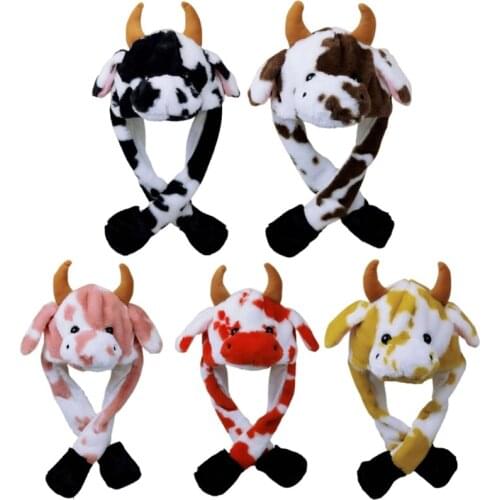 Adult Kids Light Up Plush Animal Hat with Moving Jumping Ears Multicolor Cartoon Milk Cow LED Glowing Earflap Cap Stuffed