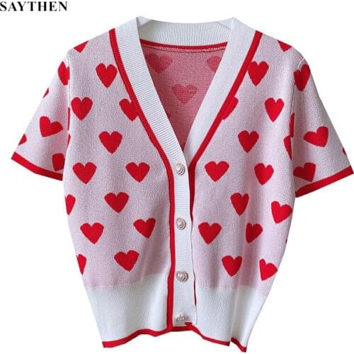 SAYTHEN Sweet Pink Heart Knit Cardigans Intarsia Sweater Women Summer New V-neck Pearl Button Elegant Pull Casual Thin Knitwer