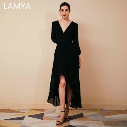 LAMYA Vintage Black High Low Prom Dresses 2021 Banquet Front Back Long Tail Evening Dress With Sleeve V Neck Party Formal Gown