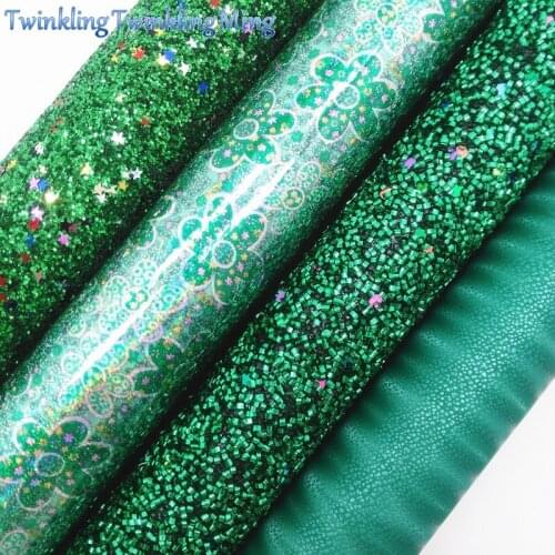 GREEN Glitter Fabric, Flowers Printed Faux Leather Fabric, Synthetic Leather Sheets For Bow A4 8"x11" Twinkling Ming XM261