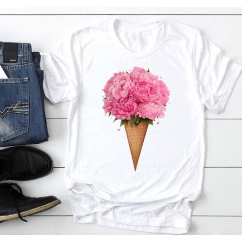 Women Ice Cream Floral Flower Sweet Vacation Fashion Cartoon Summer Graphic T Top Lady Print Tee Female Tshirts Clothes T-Shirt