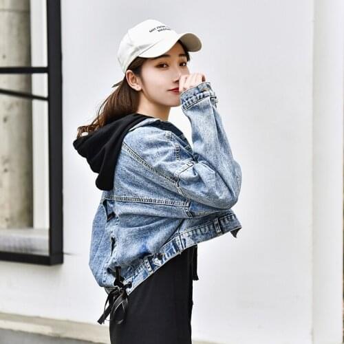 AIYANGA Blue Crop Denim Jacket Women 2020 Spring Casual Single Breasted Back Bow Short Clothing Autumn Jackets Coat Female