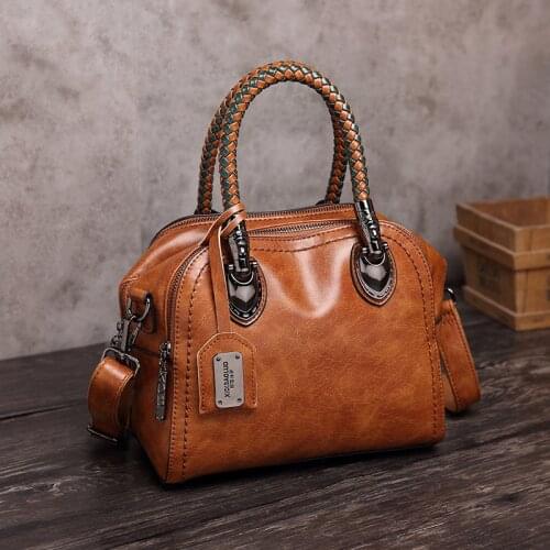 Johnature Oil Wax Leather Women Bag 2021 New Retro Portable Handbag Solid Color Fashion Large Capacity Shoulder & Crossbody Bags