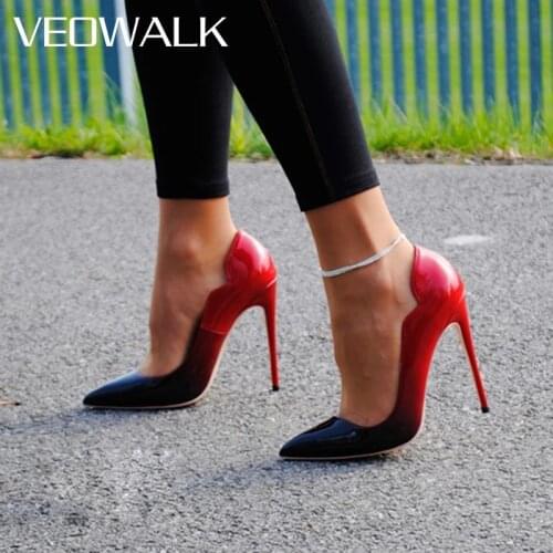 Veowalk Gradient Color Women Curl Cut Glossy Patent Pointy Toe Stiletto Pumps 12cm High Heel Ladies Fashion Dress Shoes