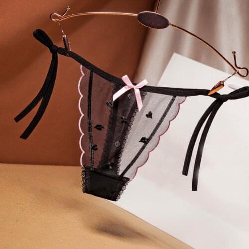 Women Sexy Panties Transparent Floral Lace Underwear Flirty Cheeky Thongs Strappy Tanga with Cute Bow Center