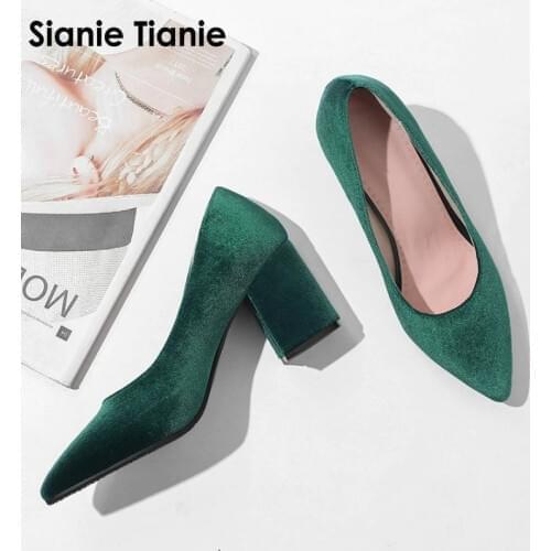 Sianie Tianie velour velvet classic office woman pumps shoes green burgundy black stilettos block high heels women shoes size 43