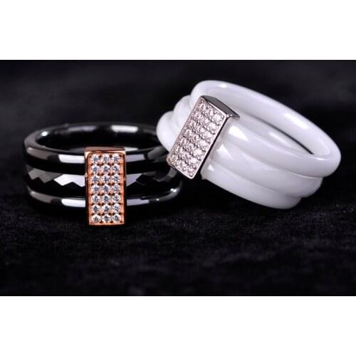 Blucome White Wide Copper Ring For Lovers Exquisite Three Circles Rings For Wedding Gift With Box White Zircon Ceramic Jewelry