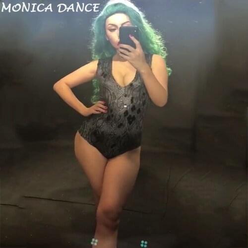 Women Sexy Stage Black Bodysuit Sleeveless 3D Printing Flowers Nightclub Party Celebrate Performance Dancer Singer Stage Wear