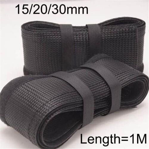 1M 15/20/30mm Black Flex Hook & Loop Braided Cable Wrap Sleeving Automotive wiring harness protection sleeve