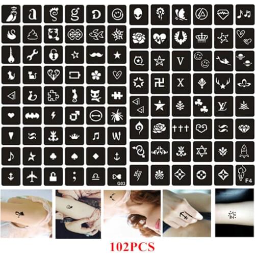 102PCS/SET Reusable Airbrush Stencil Cat Rose Butterfly Skull Small Henna Stencils Body Art Schmink Sjabloon Glitter Tattoo Set