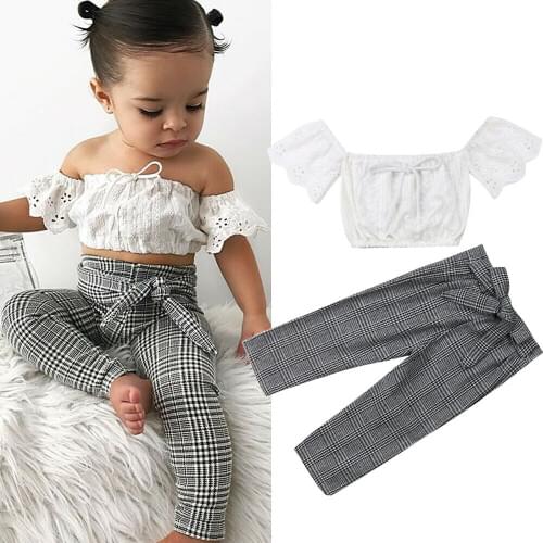 2019 Newly Toddler Kids Baby Girl Summer Fashion 2PCS Short Sleeve Off Shoulder Lace Tops Plaid Pants Leggings Outfits Sunsuit
