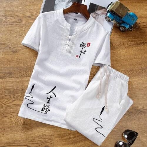 2021 Retro Chinese Style Tang Suit Men Zen Tea Shirts Pants Kung Fu Uniform Tee Tops Medieval Viking Casual T-shirt