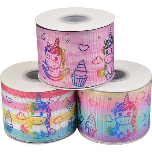 50yards 75mm Rainbow Foil Unicorn licorne Iris Grosgrain Ribbon For DIY Accessories Welcome Custom printed