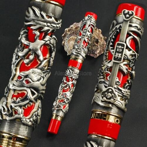 Jinhao Business Dragon Phoenix Vintage Fountain Pen, Metal Carving Embossing Heavy Pen, Noble Gray & Red for Office School