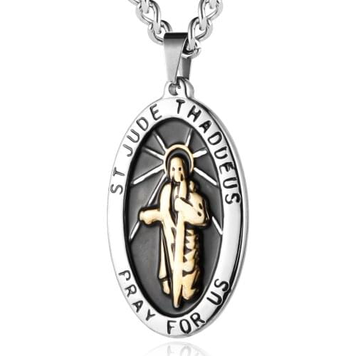 HZMAN Mens Silver Stainless Steel SAINT JUDE THADDEUS Jesus Oval Medal Pendant Necklace