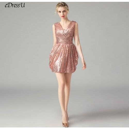 Gold Sequins Cocktail Party Dress Sexy V-Neck Celebrate Dress Glitter Mini Dancing Dress Pleated Night Club Dress WS-3102