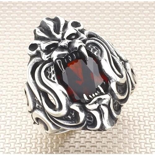 Sterling Silver 3D Dragon Head Style Ring Red Zircon Gemstone Ring Made in Turkey