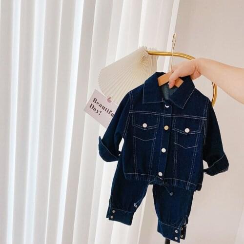 Autumn Girls 2Pcs Suits Solid Lapel Collar Jackets Outerwear Coat + Casual Trousers Denim Jeans Boys Children Kids Clothing Sets