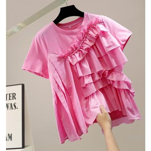 Fashion Irregular Ruffles Splicing Short Sleeve T-shirt for Women Summer Clothing New Casual Loose All-Matching Top Tees